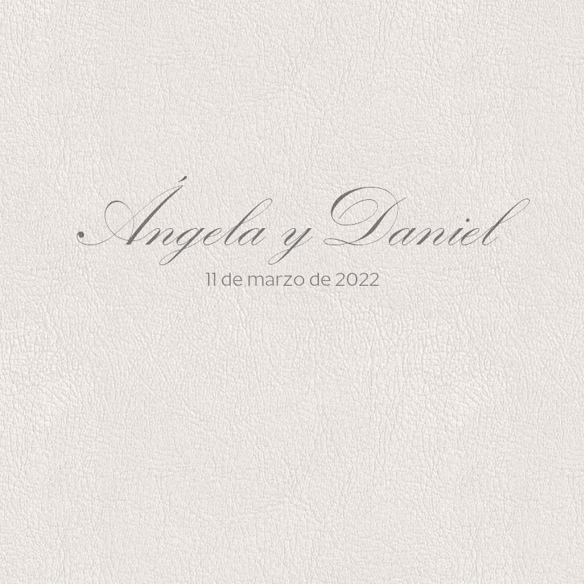 Portada de álbum de boda con solo el nombre de los novios y la fecha