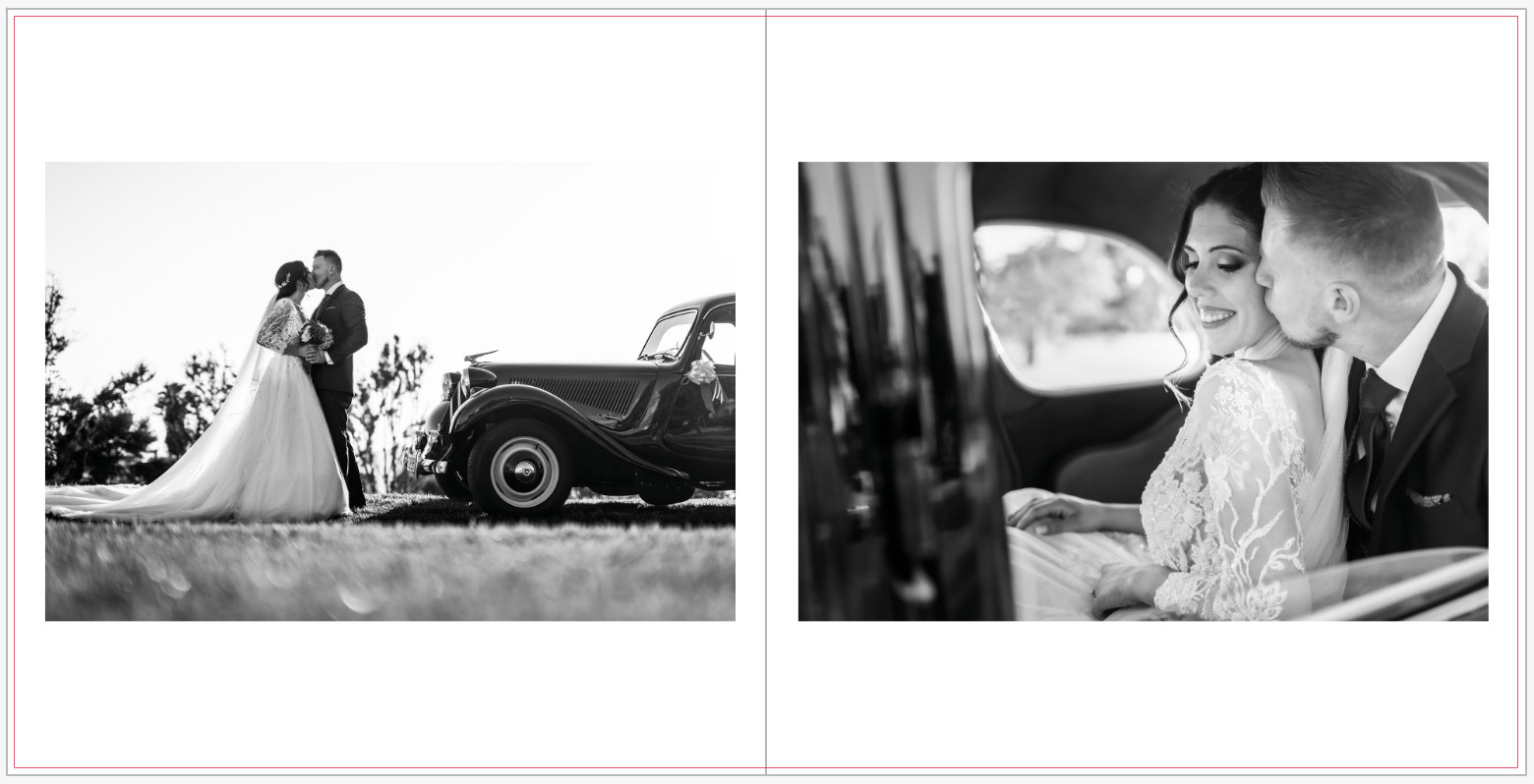 Diseño con bordes blancos alrededor de las fotos de un álbum de boda