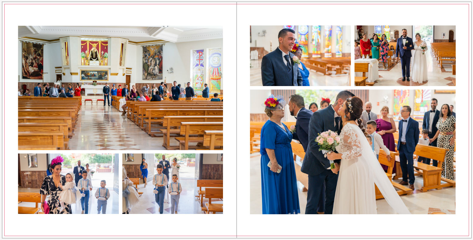 Entrada de la novia a la ceremonia en el pliego de álbum con seis fotos