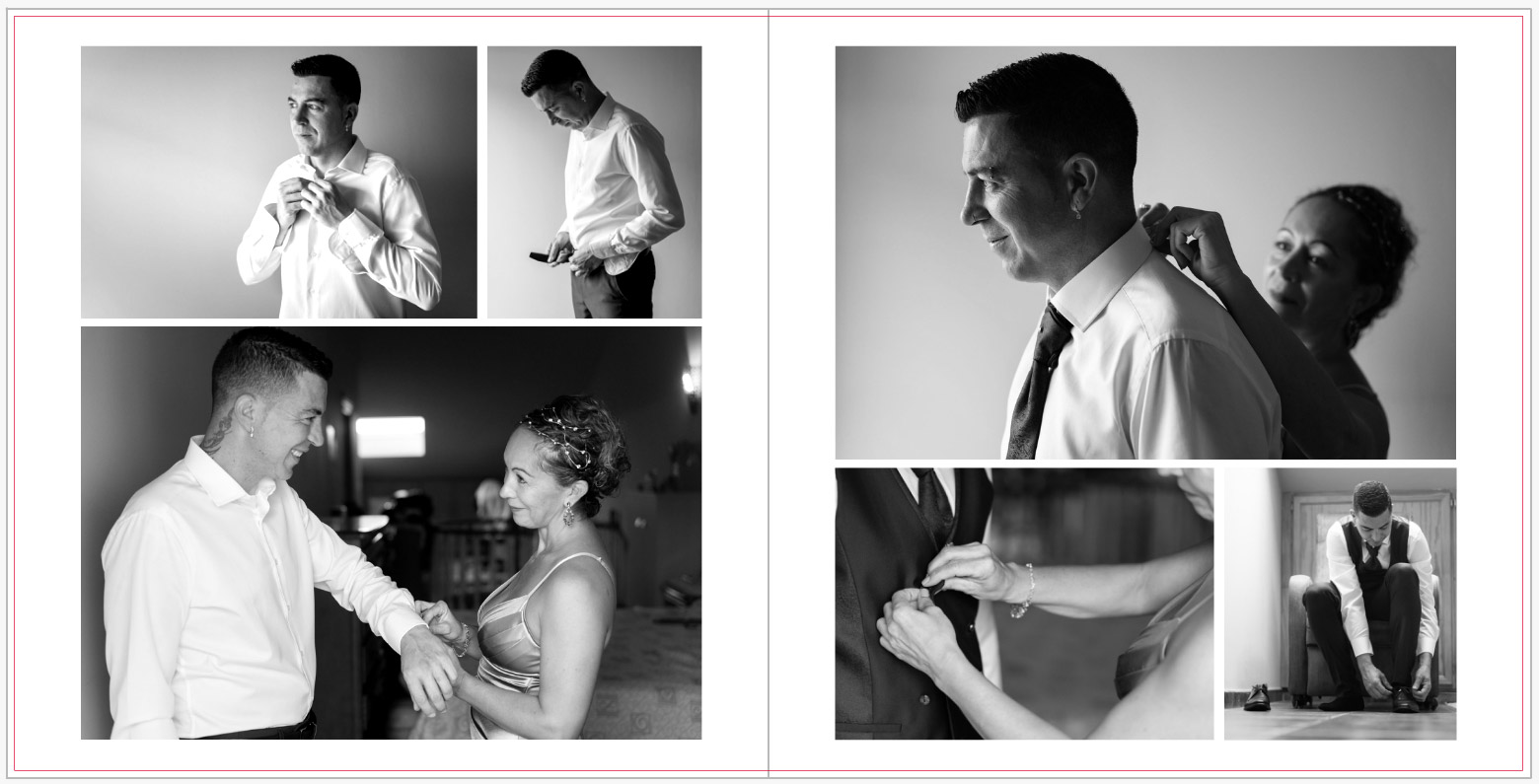 Preparación del novio en un álbum de boda con las fotos en blanco y negro