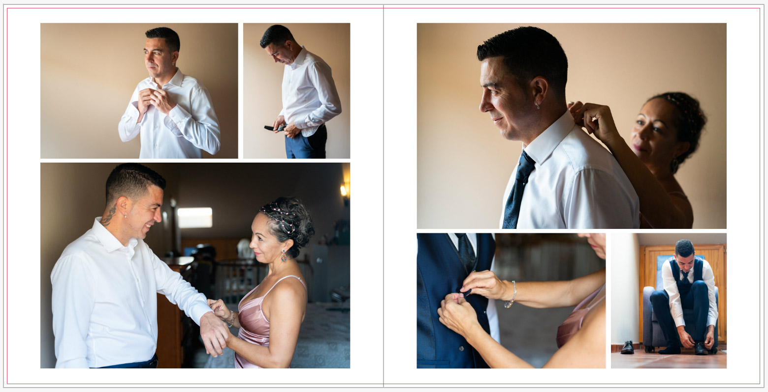 Preparación del novio en un álbum de boda con las fotos a color